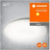 A close-up marketing image of a white LED ceiling light with product information overlays. Produktbild-Vorschau