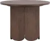 A round wooden coffee table with a unique, curved base. Produktbild-Vorschau
