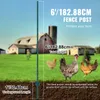 A green fence post is shown in a farm setting with chickens and barns in the background. Dimensions and usage instructions are displayed. Produktbild-Vorschau