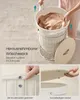 A collage of images showing a laundry basket with a removable liner and a lid, with close-ups of its features. Produktbild-Vorschau