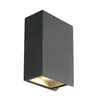 A dark gray, rectangular wall light fixture with an opening at the bottom emitting a warm yellow light. Produktbild-Vorschau