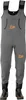 A pair of gray waders with black boots and straps, featuring an orange logo. Voir les images du produit