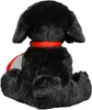 A black plush dog sitting down, viewed from the back, wearing a red collar and a red leash. Produktbild-Vorschau