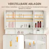 A white vanity cabinet with adjustable shelves, displaying various cosmetic products. Two inset images show details of the cabinet's construction and shelf adjustment mechanism. Produktbild-Vorschau