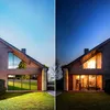 A split image showing a house during the day and at night, highlighting the effect of window film. Produktbild-Vorschau