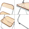 A collage of four close-up images of a transparent orange folding chair with a chrome frame. Produktbild-Vorschau
