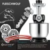 Advertisement for a meat grinder attachment, showing its components and output. Produktbild-Vorschau