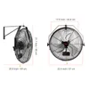 Two views of a black wall-mounted fan with dimensions indicated by text and lines. Anteprima dell’immagine prodotto