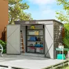 An outdoor storage shed with its doors open, revealing shelves stocked with various items, set on a wooden deck. Produktbild-Vorschau