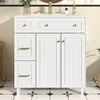 A white bathroom vanity with a ceramic sink and gold hardware is shown in a well-lit bathroom setting. Anteprima dell’immagine prodotto