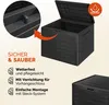 A black storage box with its lid open, shown from a slightly elevated angle, with a close-up inset of a locking mechanism and text highlighting features. Produktbild-Vorschau