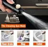 A collage of images showing a hand-held shower head being used for cleaning a floor drain, a mop, and a toilet bowl, with a marketing text overlay. Produktbild-Vorschau