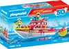 The image shows the packaging of a Playmobil fire rescue boat set, with the boat and figures depicted on a blue, watery background. Produktbild-Vorschau