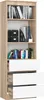 A tall, narrow bookshelf with three drawers at the bottom and shelves above, filled with books and storage boxes. Produktbild-Vorschau