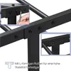 Close-up of a black metal bed frame assembly, showing how L-shaped plates are used for stability. Podgląd zdjęcia produktu