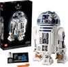 A Lego R2-D2 set is displayed, with the box on the left and the assembled droid on the right. A small display stand with a mini R2-D2 and information is also shown. Produktbild-Vorschau