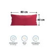 A red pillow with dimensions indicated and icons representing product features. Produktbild-Vorschau