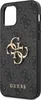 A close-up, angled view of a gray phone case with a repeating Guess logo pattern and a prominent gold Guess logo. Podgląd zdjęcia produktu