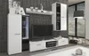 A modern living room display unit with a TV, shelves, and cabinets. Produktbild-Vorschau