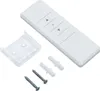A white remote control with buttons for up, down, and stop, along with a clear plastic bracket and mounting hardware, all on a white background. Produktbild-Vorschau