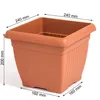 A terracotta-colored square planter with dimensions indicated by measurement lines and text. Produktbild-Vorschau