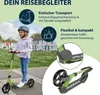 A young girl riding a green scooter in a park-like setting, with marketing text and close-up shots of the scooter's features. Produktbild-Vorschau