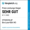 A seal of approval from Vergleich.org indicating a 'Price-Performance Winner' with a 'VERY GOOD' rating. Produktbild-Vorschau