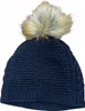 A navy blue knitted beanie with a tan faux fur pom-pom on top, isolated on a white background. Produktbild-Vorschau