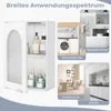 A collage showing a white cabinet with a fluted glass door, and inset images of the cabinet in a bathroom, laundry room, dining room, and kitchen. Produktbild-Vorschau