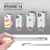 A collage of iPhone 14 models with compatibility indicators and a close-up of a slim case with dimensions. Produktbild-Vorschau