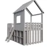 A gray wooden playhouse with a roof, window, fence, and storage cubbies. Náhľad obrázku produktu