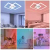 A collage of images showing a modern LED ceiling light in different room settings and lighting conditions, including a living room, bedroom, children's room, and kitchen, with people interacting in some scenes. Produktbild-Vorschau