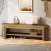A wooden bench in an entryway with a handbag and pillow on top, and shoes underneath. Produktbild-Vorschau