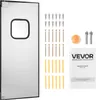 A stainless steel swinging door and its accompanying hardware and instructions are laid out on a white background. Náhled obrázku produktu
