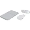 A wireless charger, a power adapter, and a USB cable are arranged on a white background. Produktbild-Vorschau