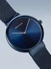 A close-up studio shot of a blue Bering watch with a mesh band. Podgląd zdjęcia produktu