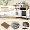 A marketing image showcasing a cat cabinet with various features and accessories, including a scratching board and before/after images of a cat. Voir les images du produit