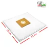 A white vacuum cleaner bag with a brown cardboard insert for the opening, shown on a white background with dimensions indicated by red arrows and text. Produktbild-Vorschau