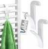 Two white hooks are shown, one hanging a green towel on a white radiator, and two other hooks are displayed separately. Podgląd zdjęcia produktu