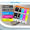 A collection of ink cartridges displayed next to a list of their quantities and colors. Produktbild-Vorschau