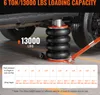 A pneumatic jack lifting a vehicle, with a chart showing lifting heights and capacities. Voir les images du produit