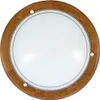 A round ceiling light with a wooden frame and a frosted glass diffuser. Produktbild-Vorschau