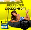 A woman relaxing on a beanbag under a beach umbrella, holding a smartphone. Náhľad obrázku produktu
