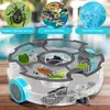 A pool robot is shown on a wooden surface with a blurred background of a pool and trees. Three circular images above the robot display insects, leaves, and small black specks, with German text labels. Produktbild-Vorschau