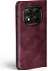 A close-up side view of a burgundy flip phone case for a Xiaomi Redmi Note 14 Pro, showing the camera module. Produktbild-Vorschau