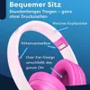 Close-up marketing image of pink and white headphones with text overlays highlighting features. Produktbild-Vorschau