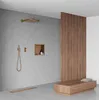 A modern bathroom with a shower, bench, and wooden accent wall. Podgląd zdjęcia produktu