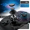 A close-up view of a black PS4 gamepad with internal components and marketing text highlighting its features. Produktbild-Vorschau