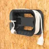 A white electrical cord is wound around a black cable reel holder mounted on a wooden panel. Produktbild-Vorschau