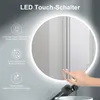 A hand touching a round LED mirror with illuminated edges, showcasing its touch controls. Anteprima dell’immagine prodotto